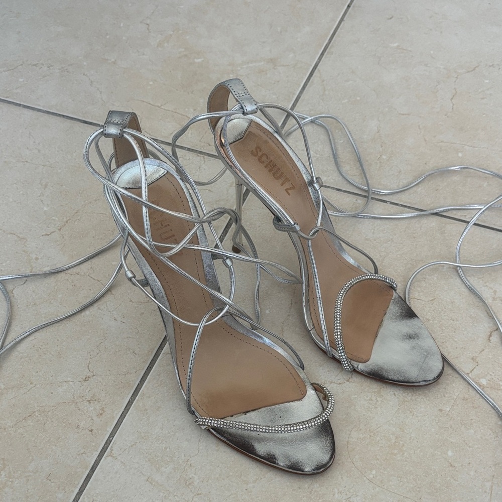 SCHUTZ Metallic Silver Strappy Heels